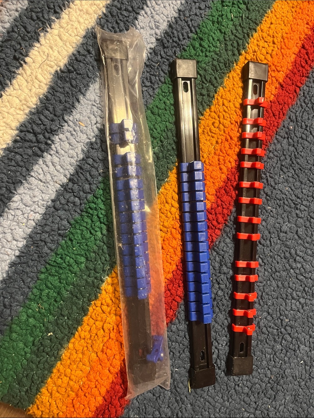 Black Socket and Torque Organizers with Blue and Red Adjustable Fittings